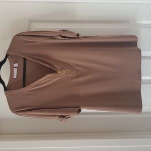 Susan Graver Liquid Knit Top, Zip_up V-Neck, short sleeved, Tan, L